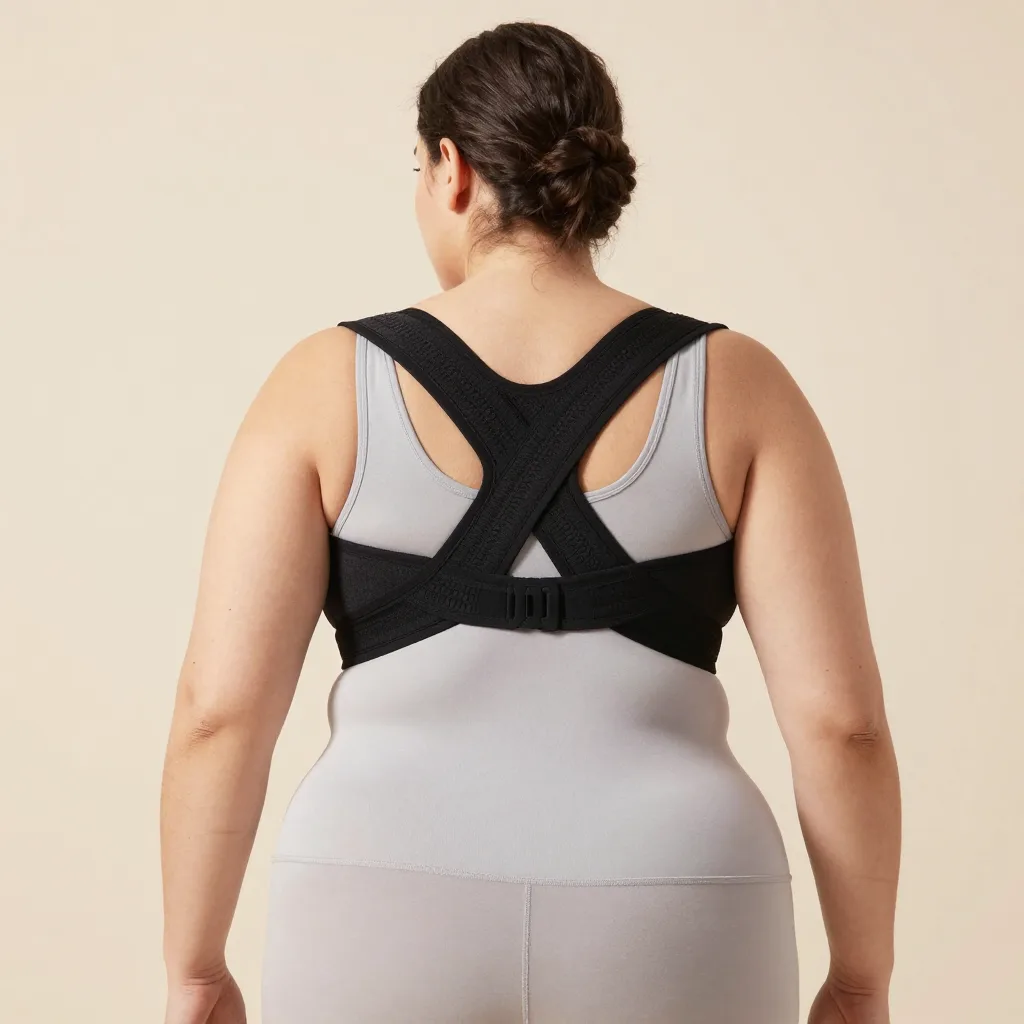 A plus-size posture brace on a pale background
